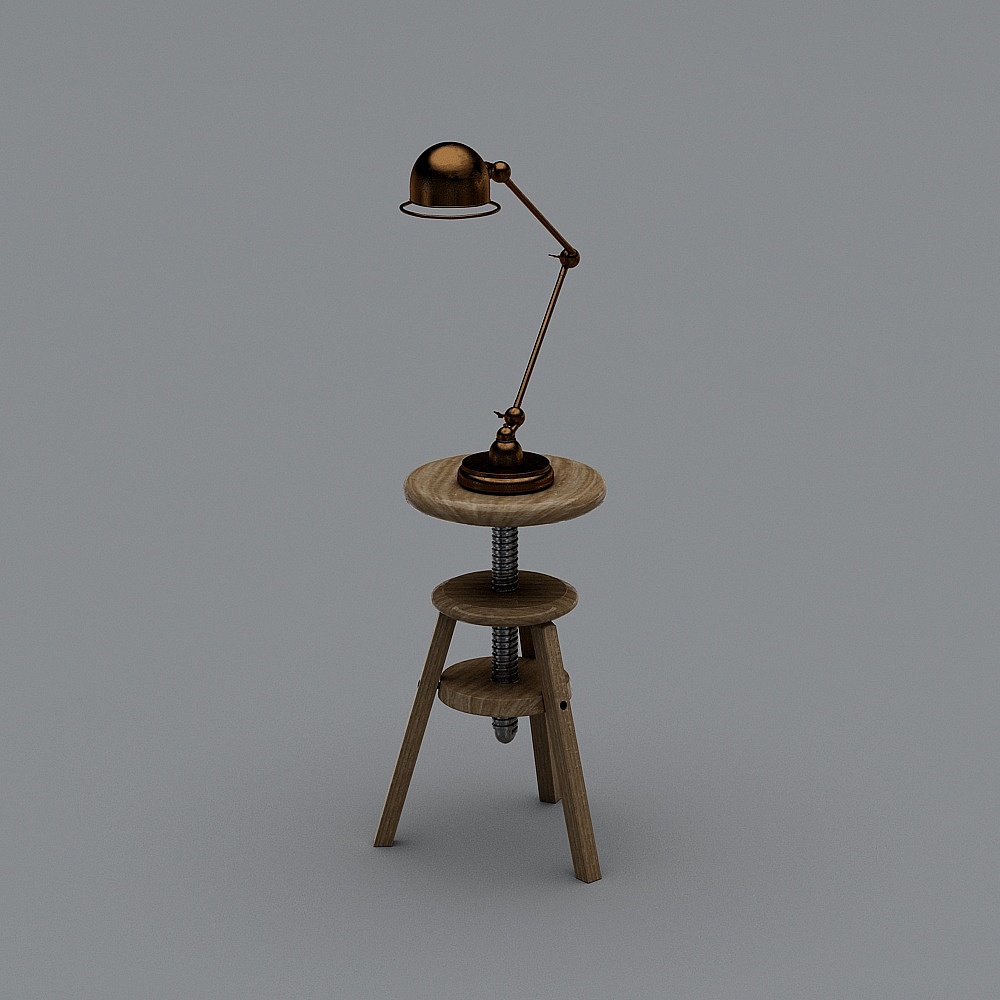 Vintage bronze desk lamp on wooden stool with metal screw base on grey background
