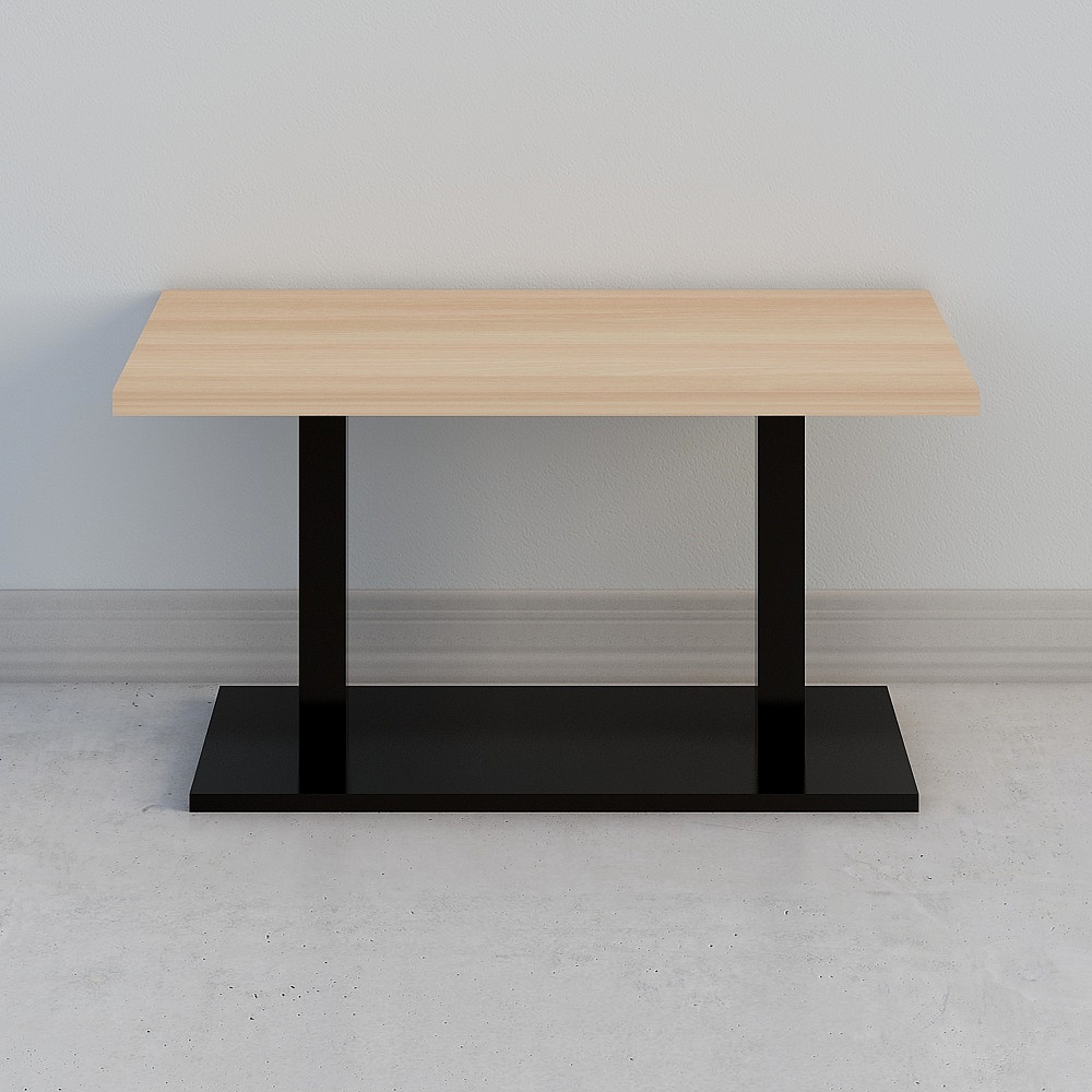 Modern rectangular table with light wood top and black metal base on grey background
