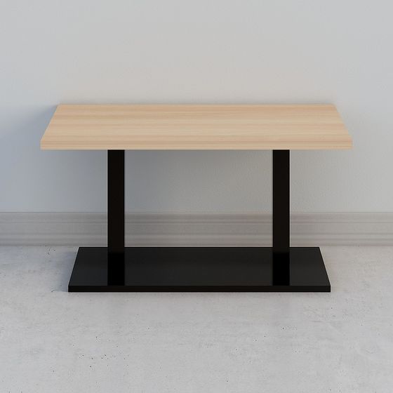 Modern rectangular table with light wood top and black metal base on grey background