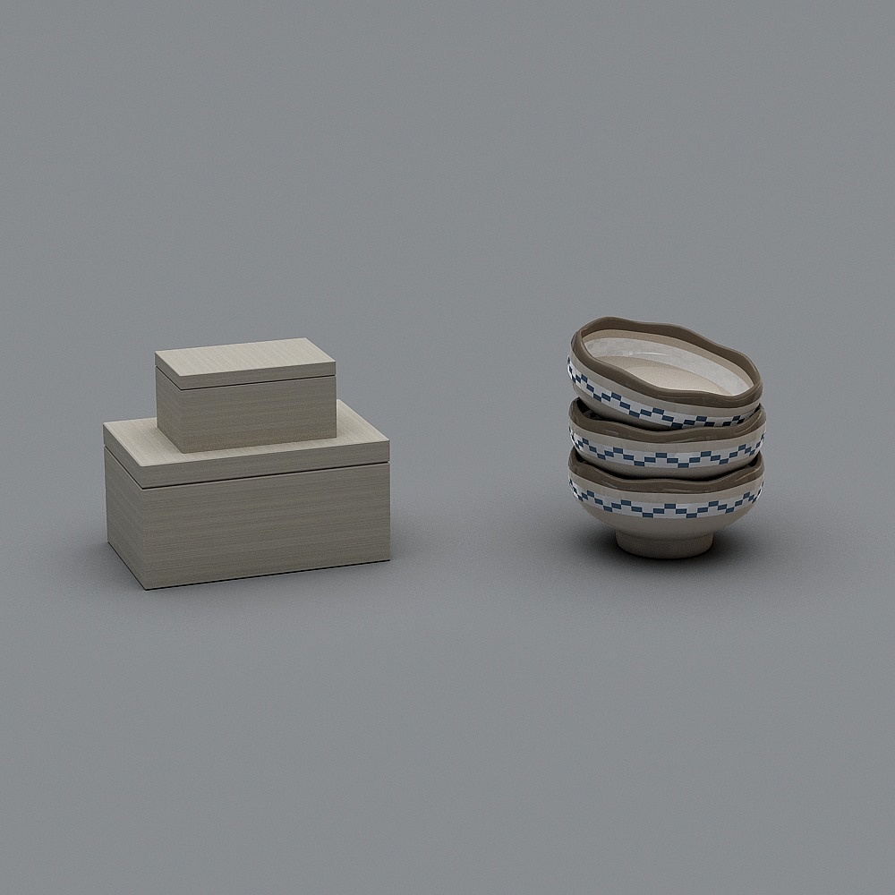 Wooden Storage Box and Ceramic Bowl Set 3D model
