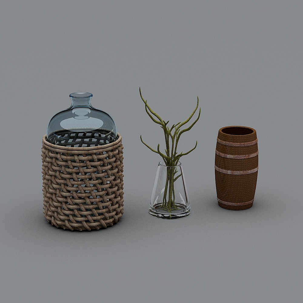 Three decorative vases including glass and woven basket styles on grey background