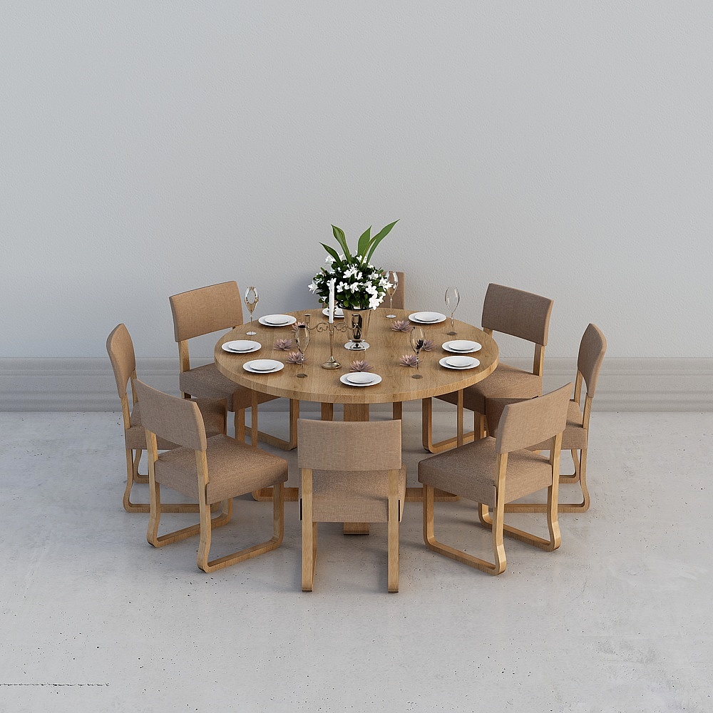 Modern solid wood round dining table chair 3D model free download ID_204377