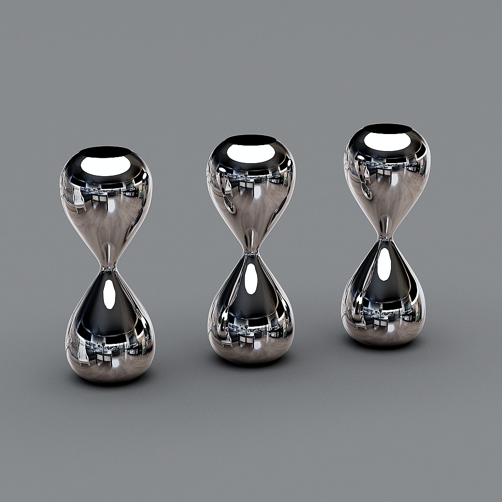 Three modern silver metal decorative vases with hourglass shape on grey background