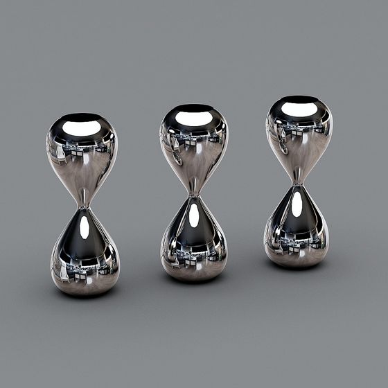 Three modern silver metal decorative vases with hourglass shape on grey background