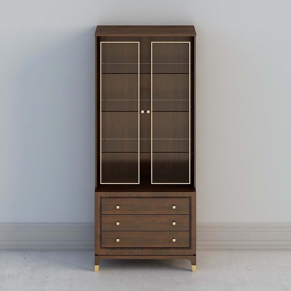 Modern dark brown wooden cabinet with glass doors gold trim and drawers on grey background