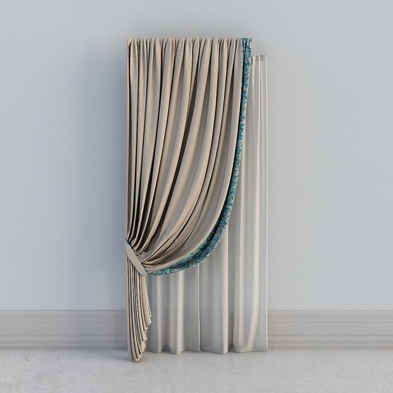 Stylish Beige and Blue Patterned Curtain 3D model