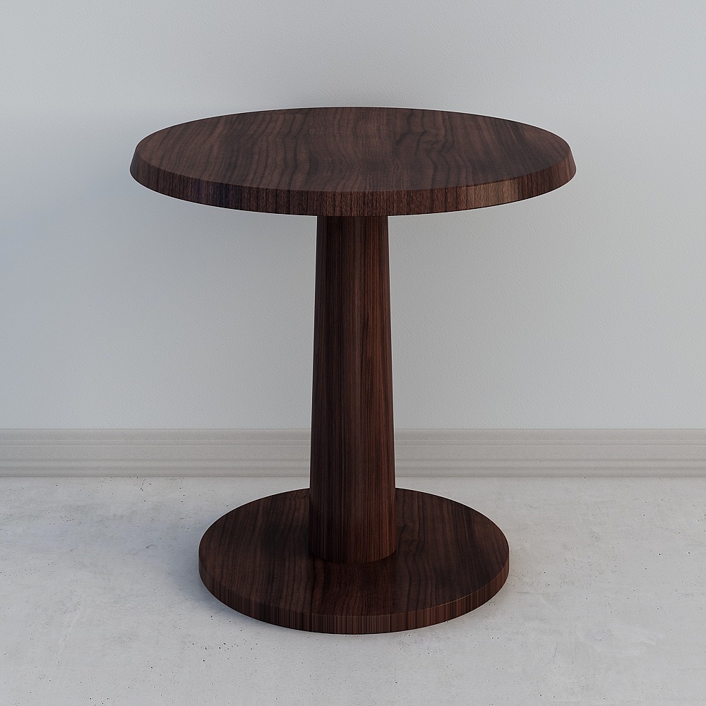 Modern round dark brown wooden side table with cylindrical base on white background