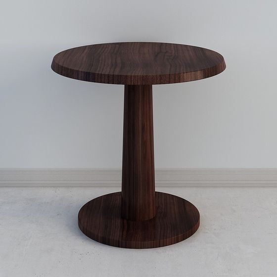 Modern round dark brown wooden side table with cylindrical base on white background