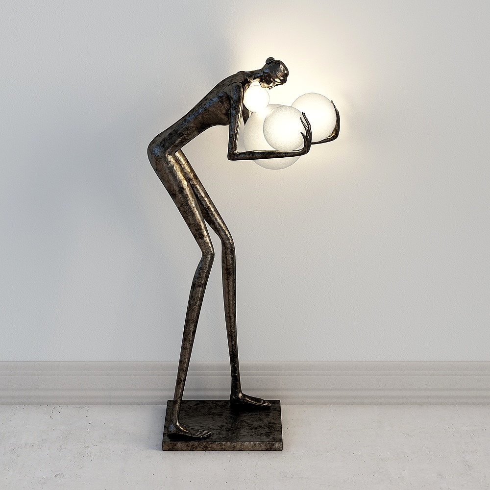 Artistic bronze sculpture floor lamp with three round bulbs on white background