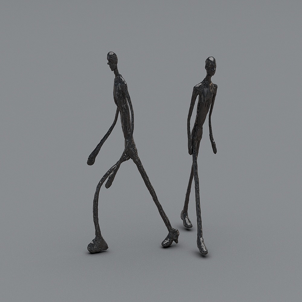 Two tall black metal walking figures art sculpture on grey background