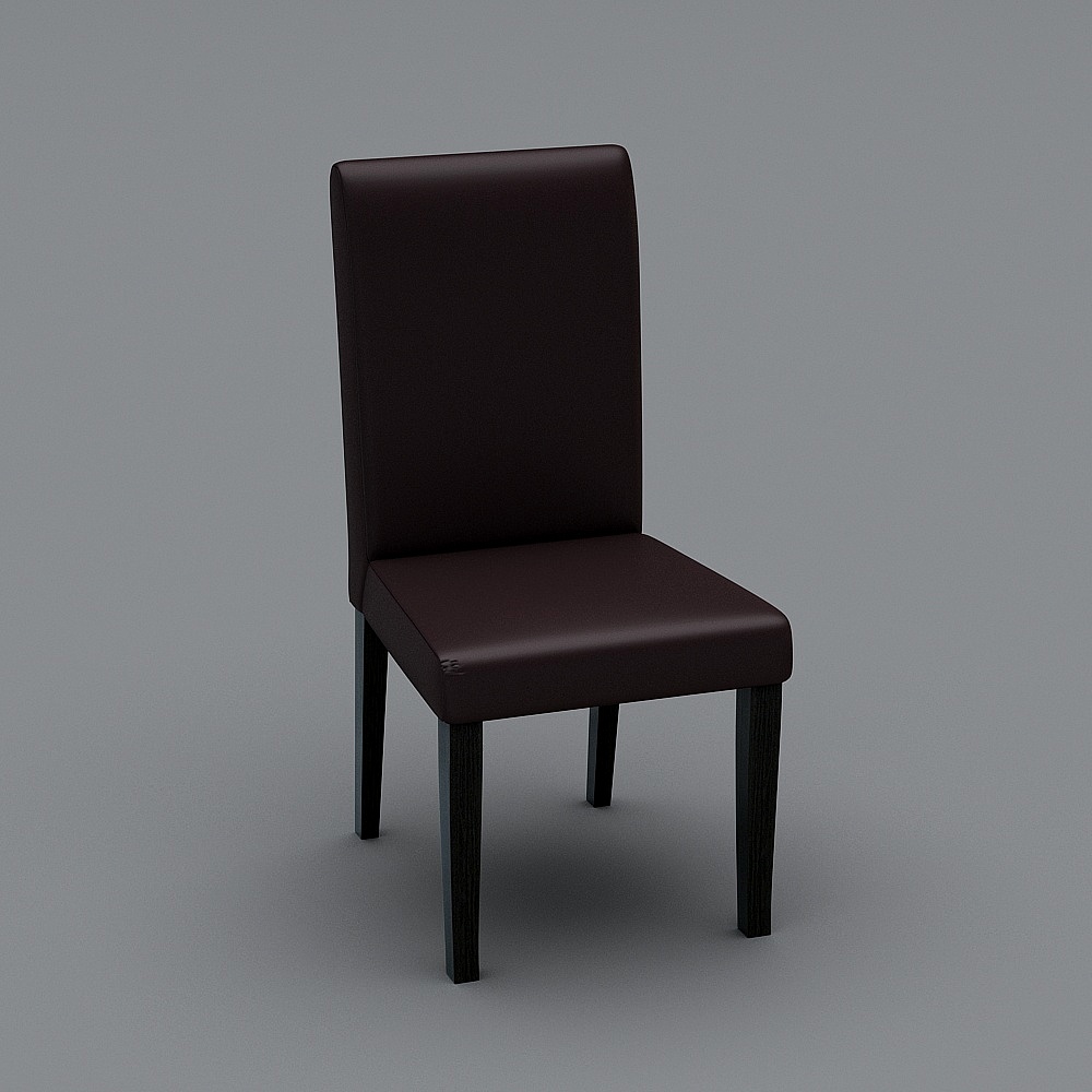 Modern dark brown leather dining chair with black wooden legs on grey background