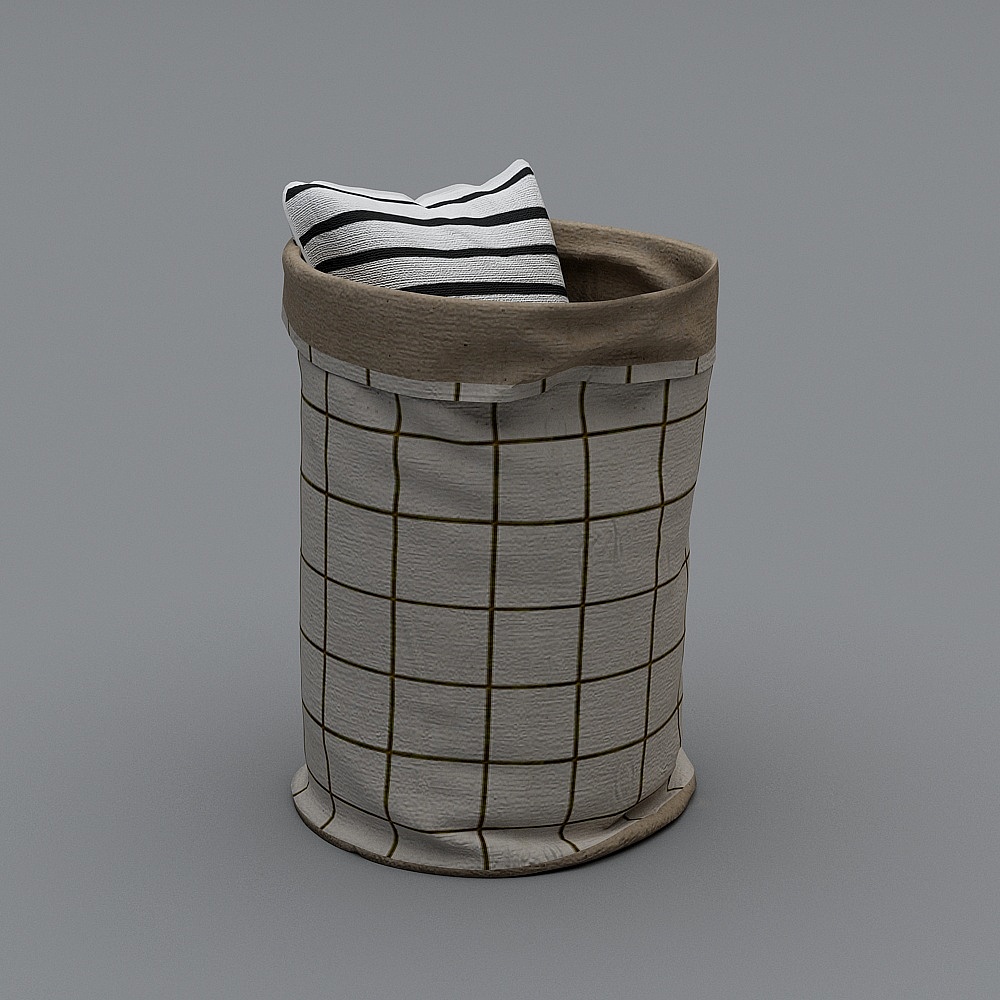 White cylindrical fabric laundry basket with black grid pattern and beige rim on grey background