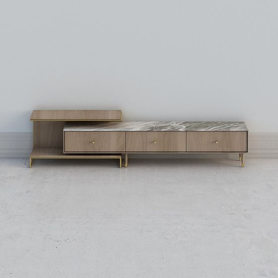 Wood Color TV Cabinet 3D Model with Gray and Yellow Finish