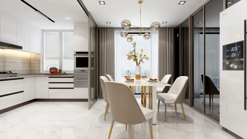 Modern white kitchen and dining room with marble table, ceiling light, white chairs, and curtains