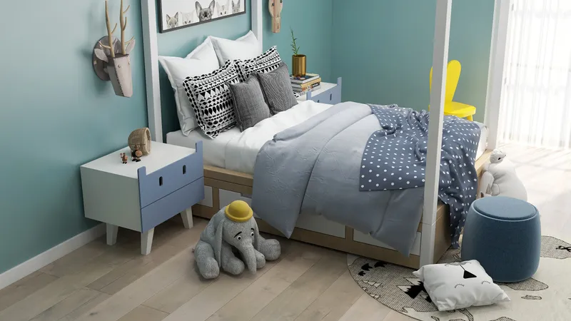 Blue child bedroom with wooden bed, patterned pillows, blue duvet, elephant toy, and teal walls