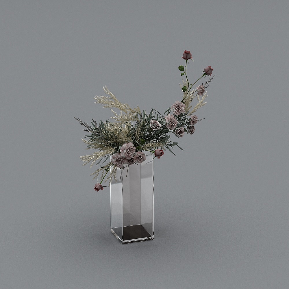Tall clear glass vase with pink flowers and green leaves on grey background