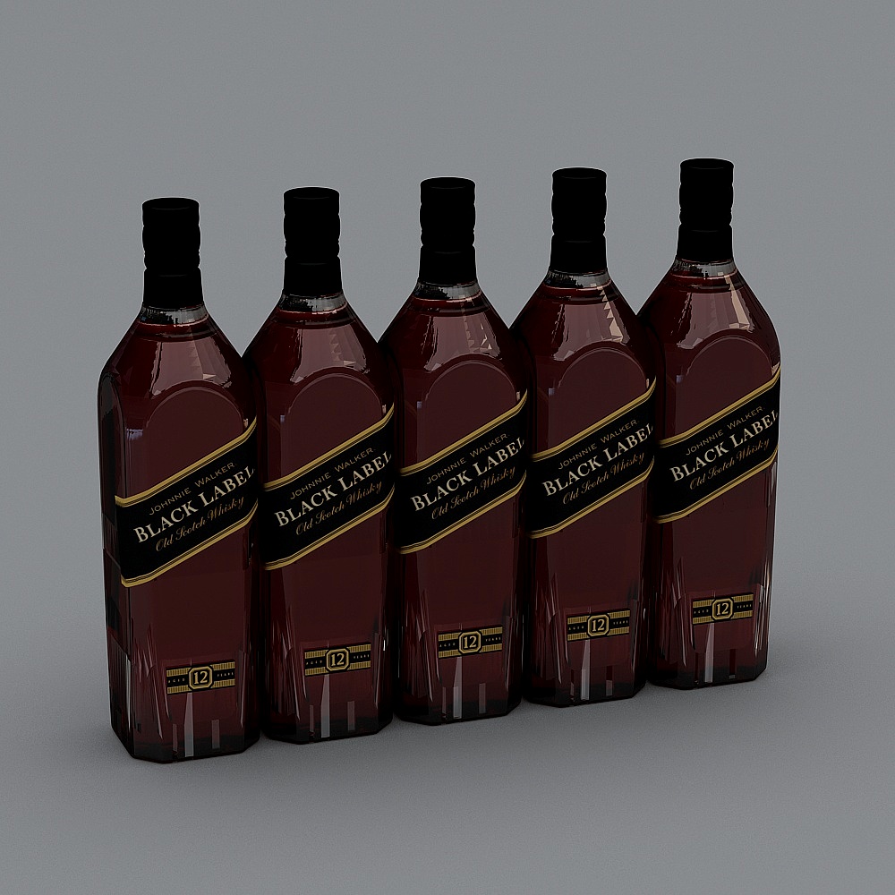 Five dark glass whiskey bottles with black labels and gold text on grey background
