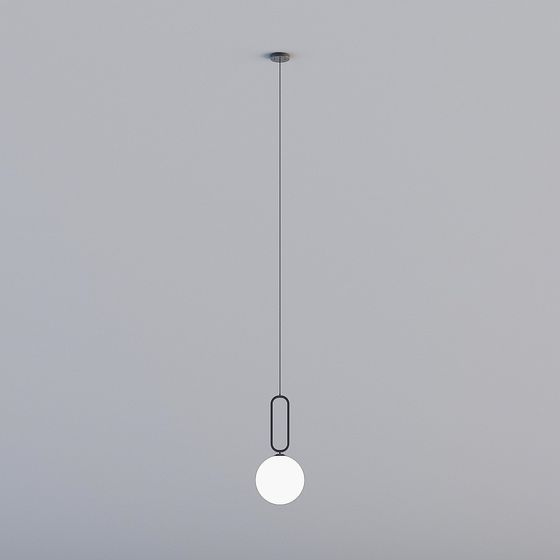 Modern black metal ceiling light with white round bulb on grey background
