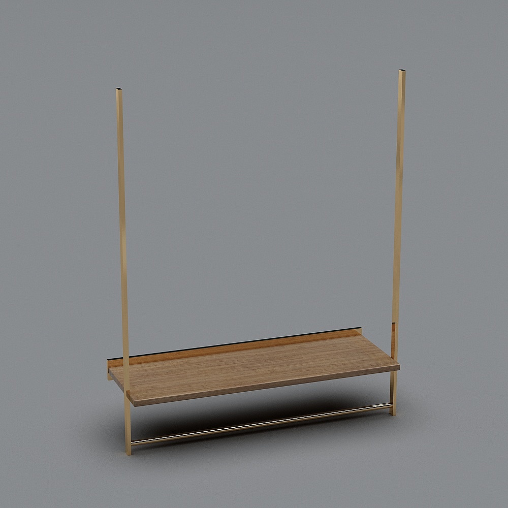 Modern wooden shelf with gold metal frame and glass top on grey background
