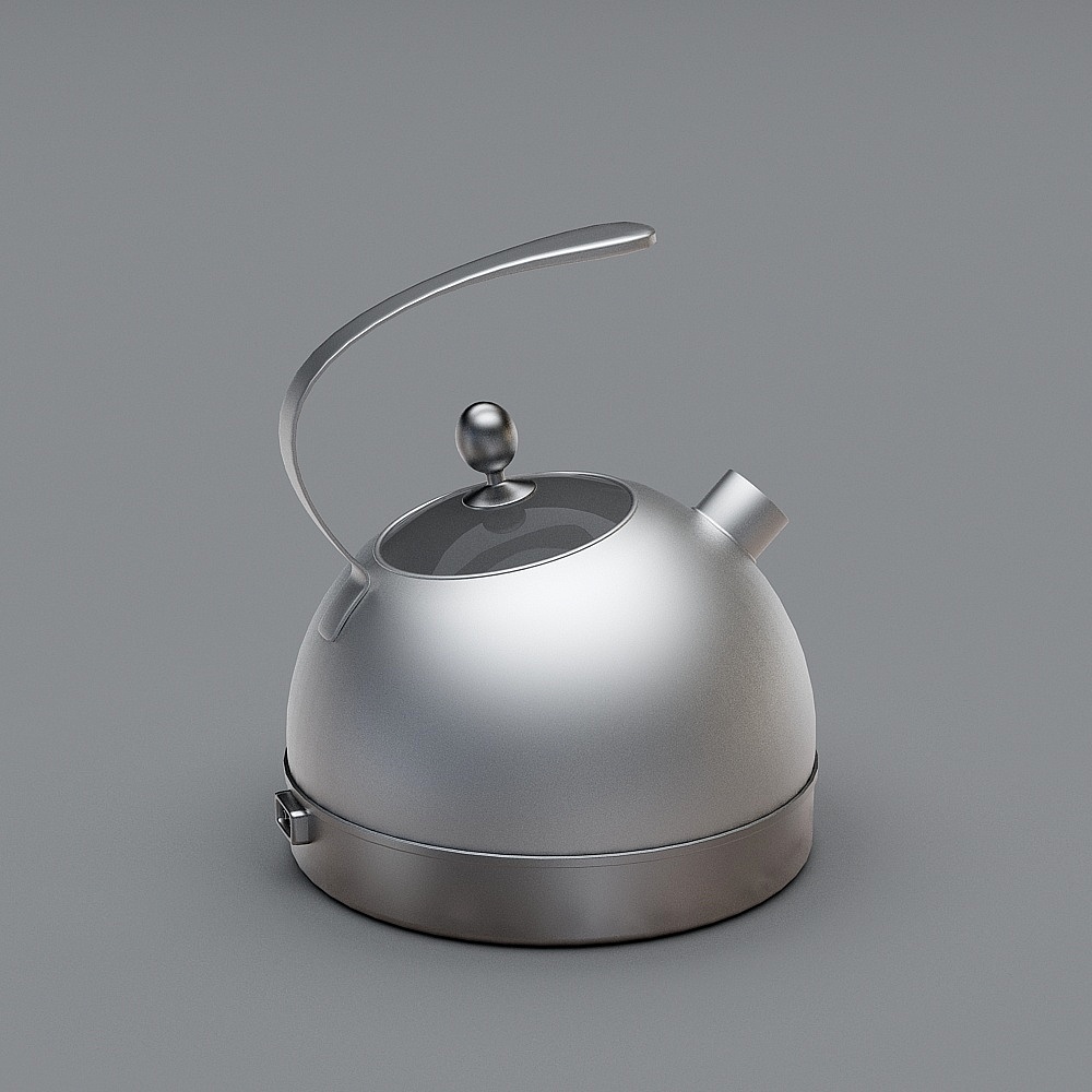 Modern silver metal teapot with curved handle and glass lid on grey background