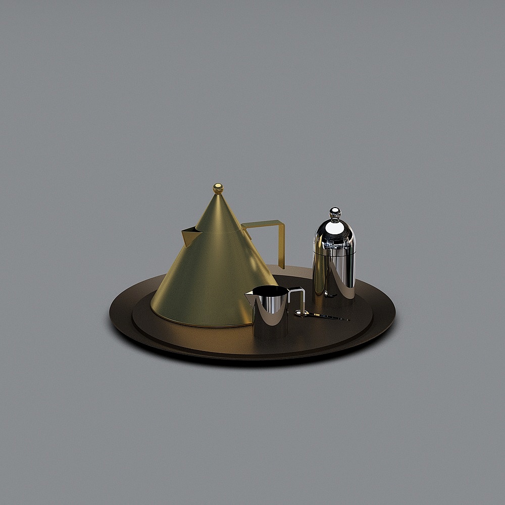 Modern gold cone teapot and silver sugar set on round dark tray on grey background