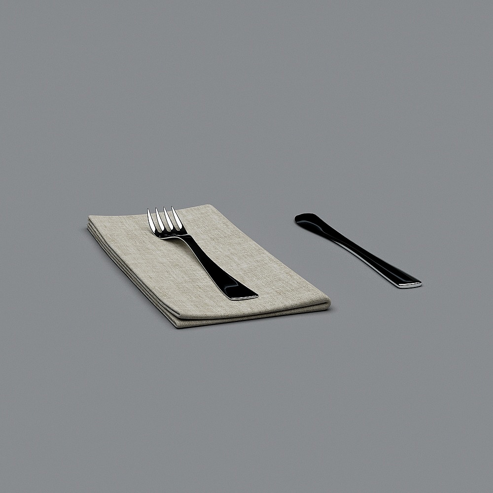 Black metal fork and spoon on folded beige cloth napkin on grey background