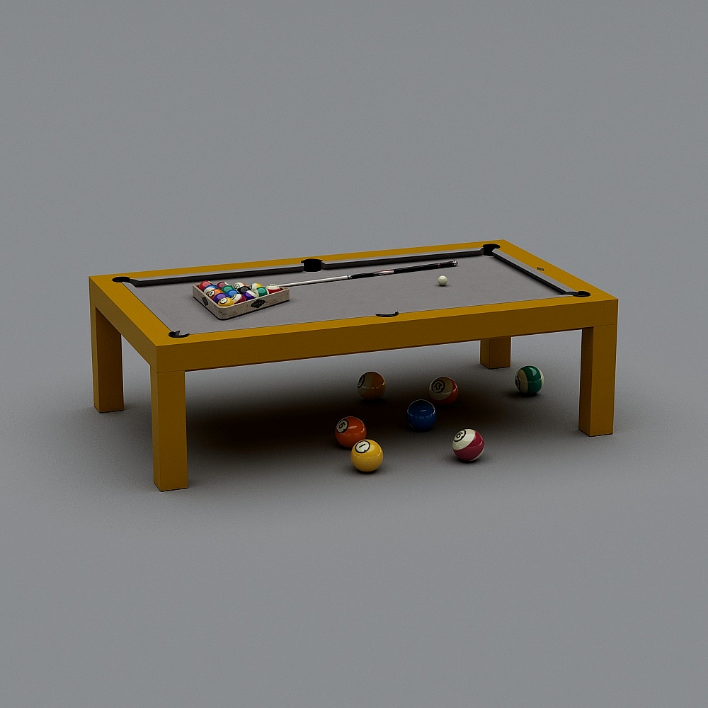 Yellow pool table with grey felt and colorful balls on grey background