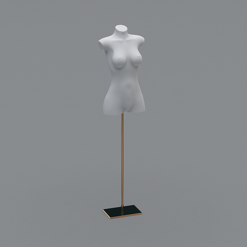 White female mannequin torso on gold metal stand with black base on grey background