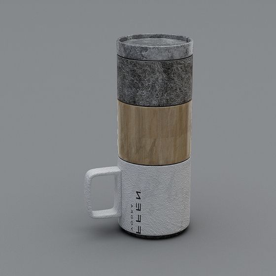 Modern textured white mug with wood and stone layers on grey background
