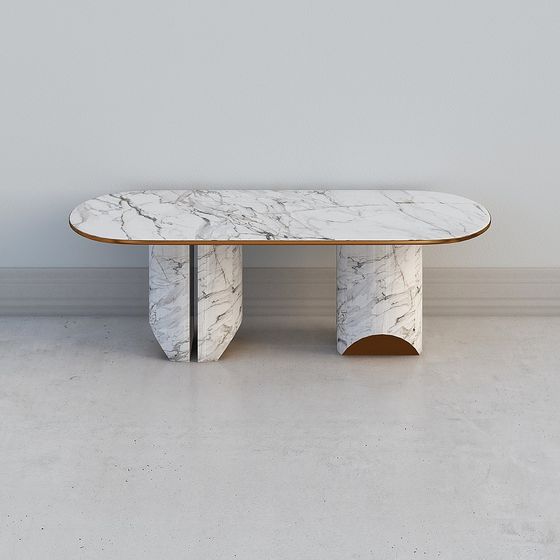 Modern oval coffee table with white marble top and gold legs on grey background