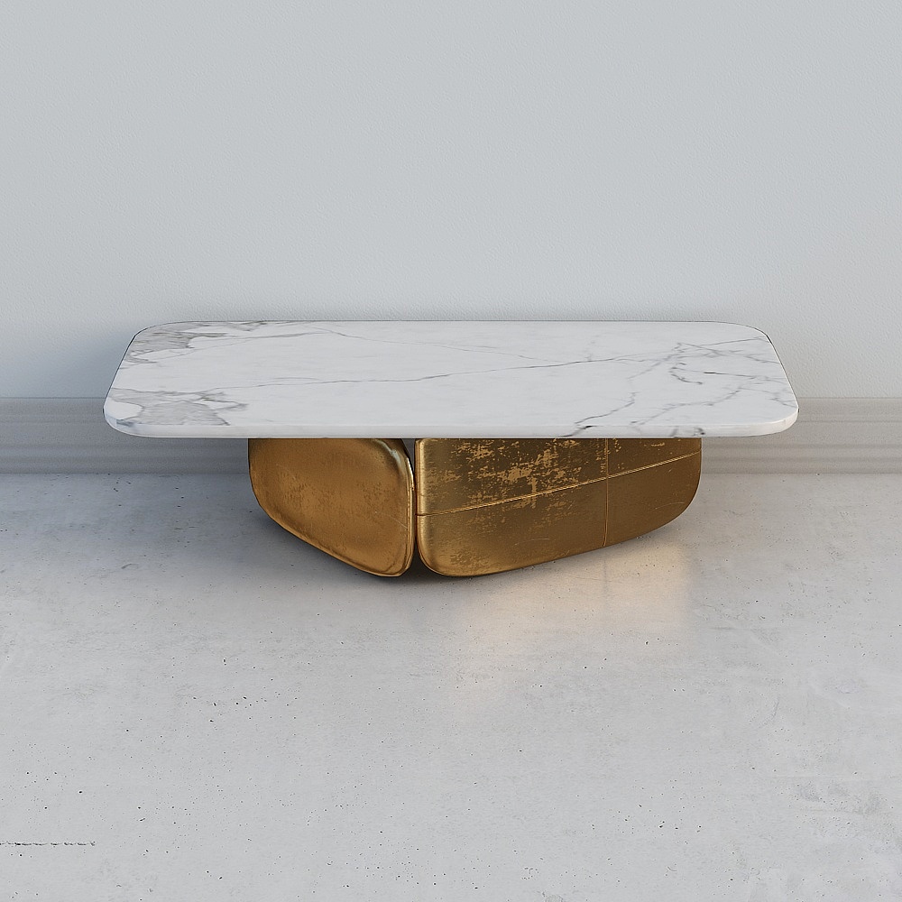 Modern coffee table with white marble top and gold base on grey background