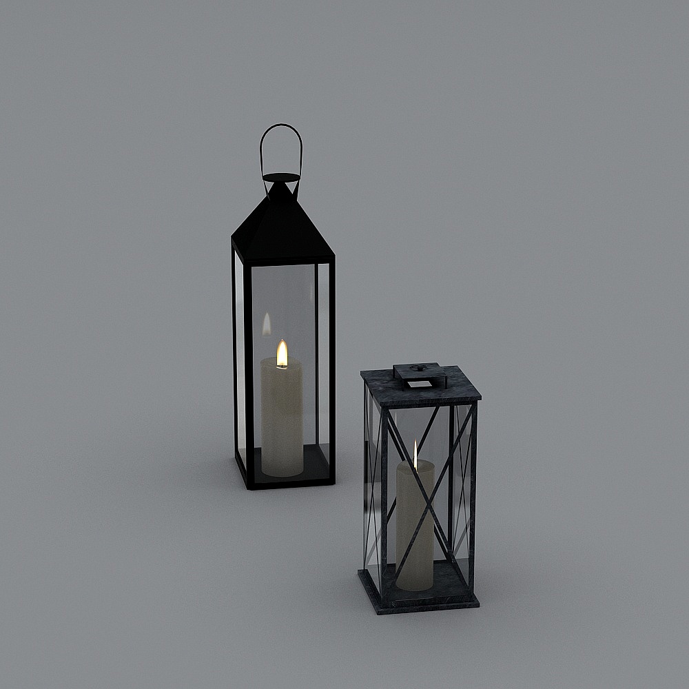 Two black metal candle lanterns with glass sides and lit candles on grey background