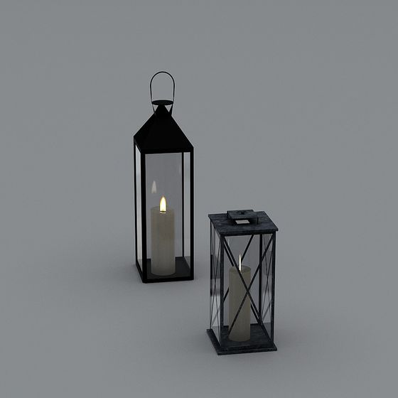 Two black metal candle lanterns with glass sides and lit candles on grey background