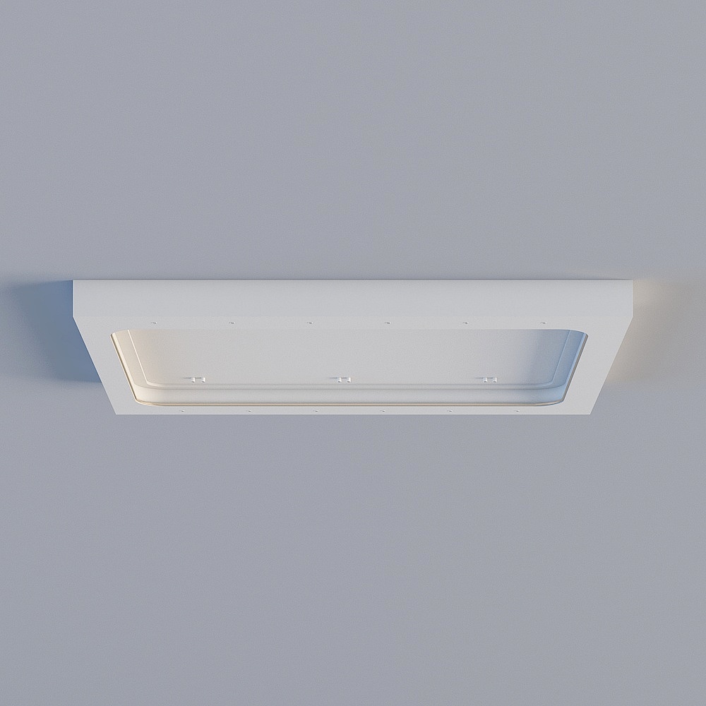 Modern white rectangular ceiling light with recessed panel and soft glow on grey background
