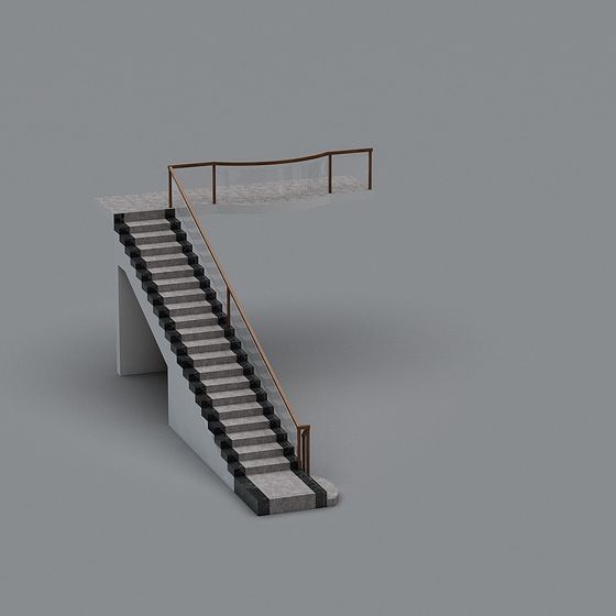 Modern concrete staircase with glass railing and wooden handrail on grey background