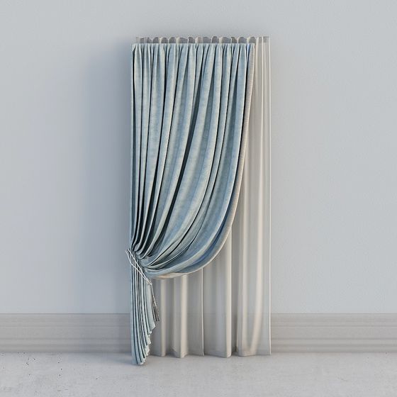 Blue velvet curtain with tie back on white background