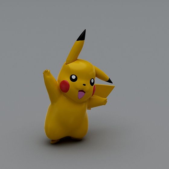 Yellow Pikachu toy with red cheeks waving hand on grey background