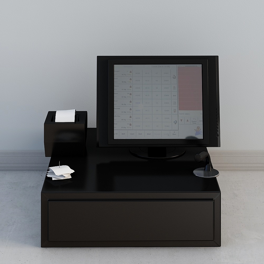 Modern black cash register with screen and receipt printer on white background