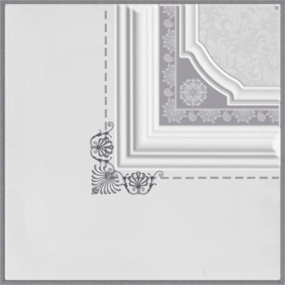 White ceiling corner molding with grey floral pattern and silver ornament on white background