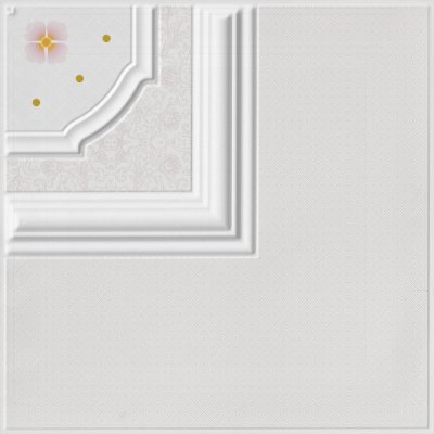 White decorative ceiling corner molding with floral pattern and gold dots on white background