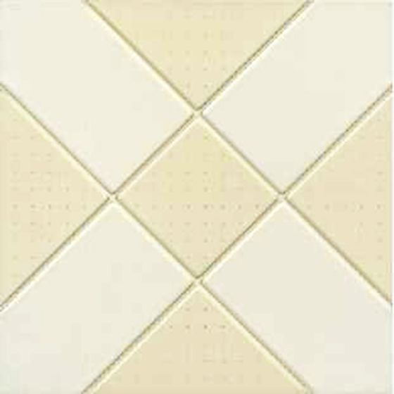 Cream and beige diamond pattern ceramic tile with textured surface on white background