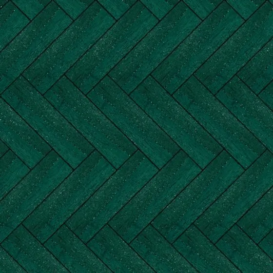 Dark green wood flooring planks in herringbone pattern with natural grain texture on white background