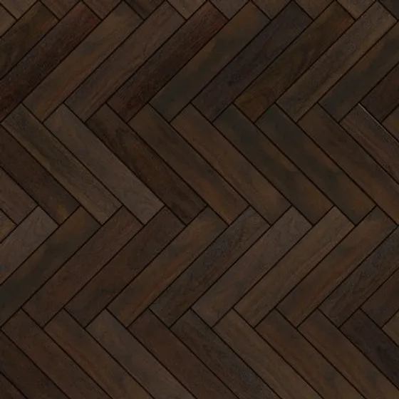 Dark brown wood flooring planks in herringbone pattern with natural grain texture on white background