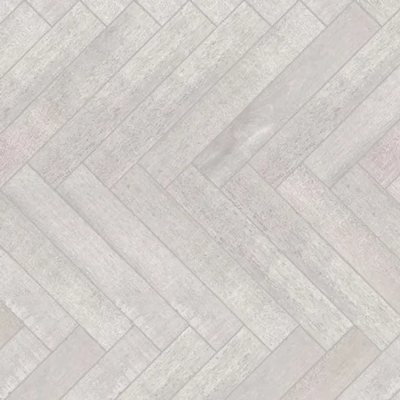 Light grey wood flooring plank with herringbone pattern and natural grain texture on white background